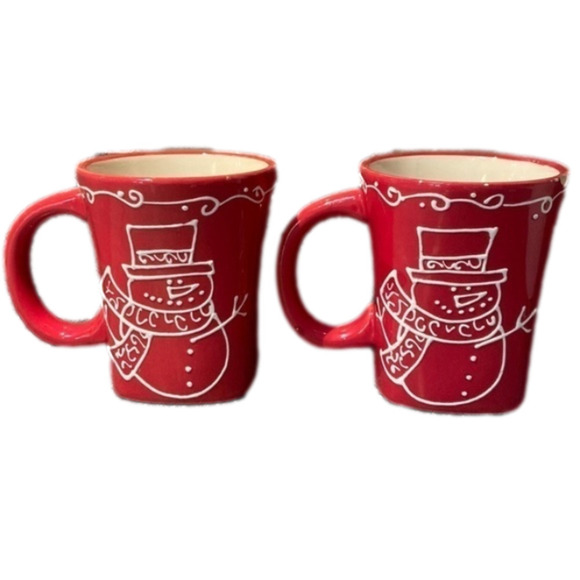 𝅺2 Red Snowmen Mugs - Picture 1 of 4